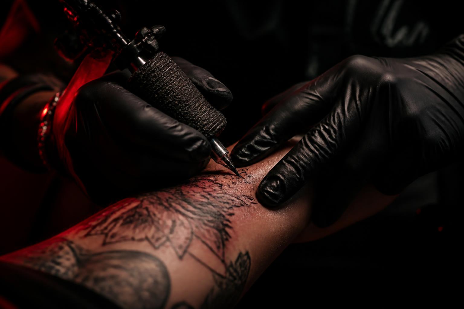 Tattoo artist tattooing a client's forearm
